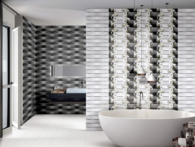 Sophisticated Grey bathroom ideas pairs with white and a black tiles shower fixture